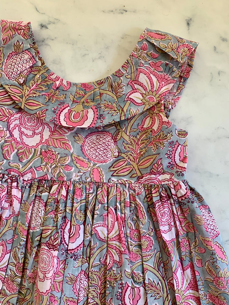 Pink and grey Indian Cotton Ruffle neck dress - Love Sam