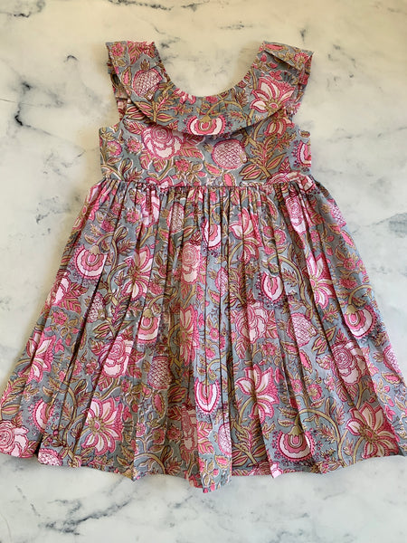 Pink and grey Indian Cotton Ruffle neck dress - Love Sam