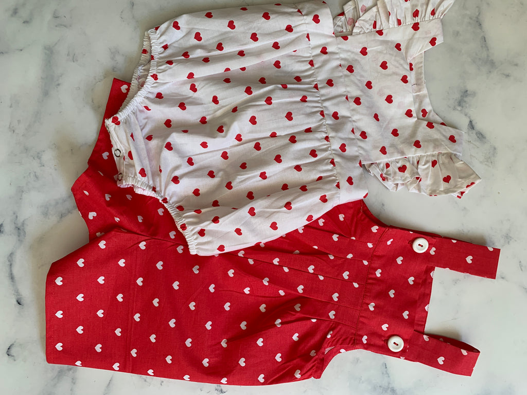 Red Dungarees with white hearts - Love Sam
