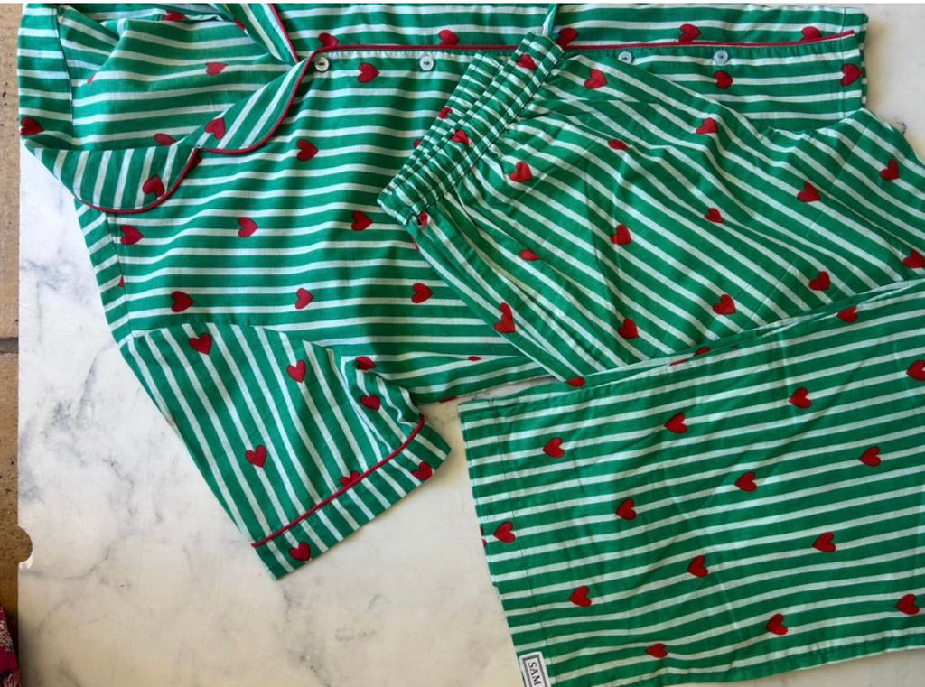 Green Stripe Red Heart  Ladies Short Sleeve Long Pants Christmas Pyjamas - Love Sam